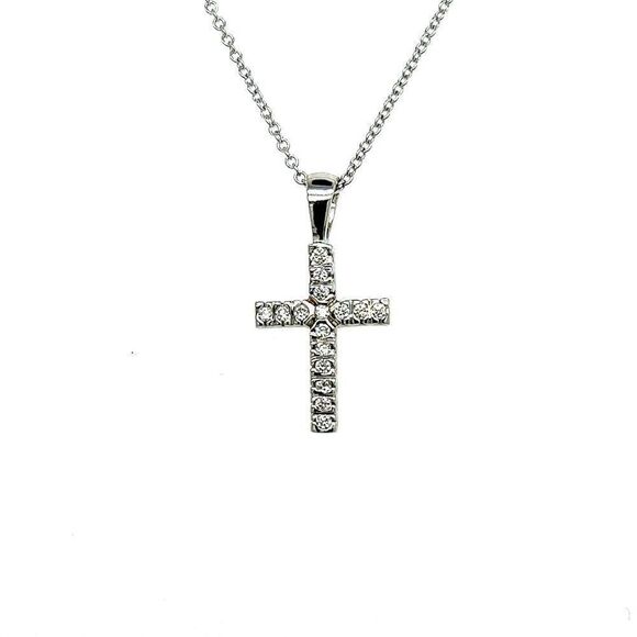 Natural Diamond Cross Pendant with Chain 17" 14k W Gold 0.17 CT Certified 307920